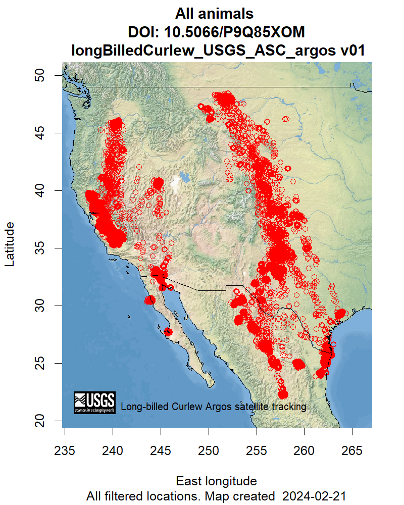 Telemetry map for all Long-billed Curlew Tracking Maps and Data Visualizations species