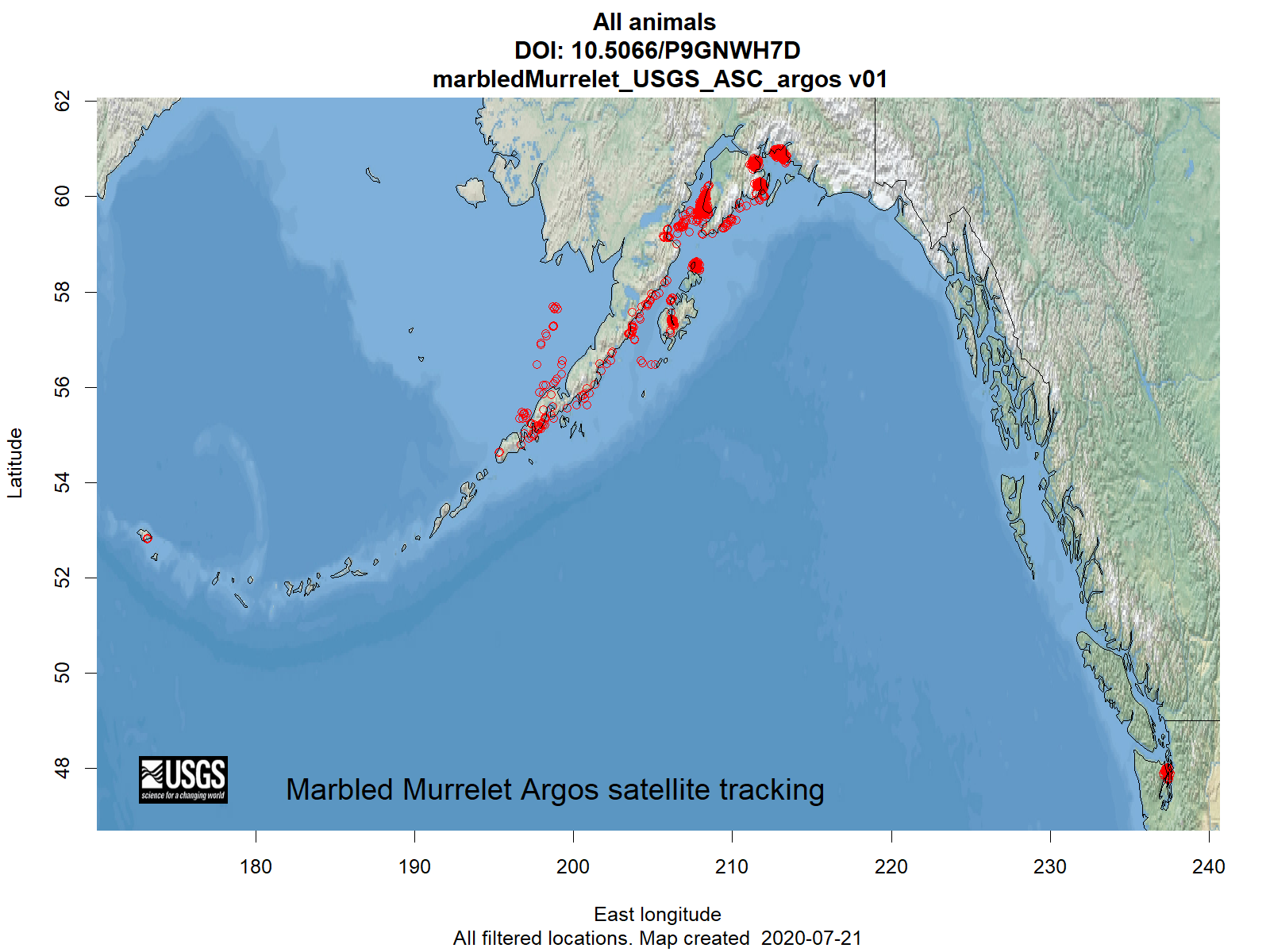 Telemetry map for all Marbled Murrelet Tracking Maps and Data Visualizations species