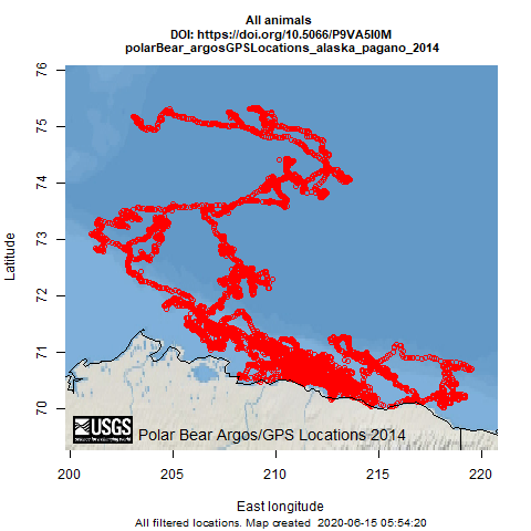 Telemetry map for all Southern Beaufort Sea Polar Bear (2014) GPS Tracking Maps and Data Visualizations species
