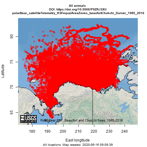 Telemetry map for all Southern Beaufort Sea Polar Bear (1985-2016) GPS Tracking Maps and Data Visualizations species