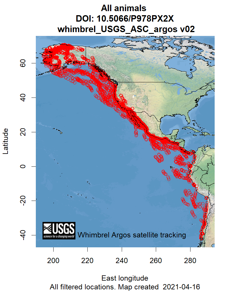 Telemetry map for all Whimbrel Tracking Maps and Data Visualizations species