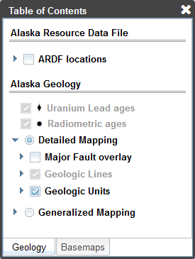 Table of contents window showing geology layers